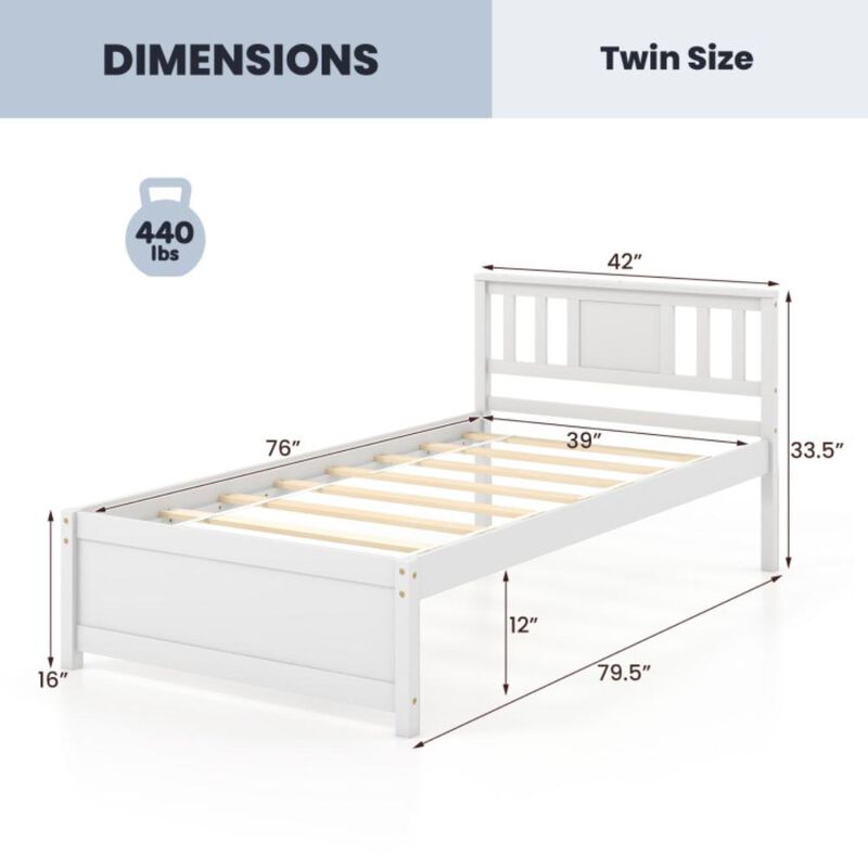 Hivvago Twin Size  Wooden Platform Bed with Headboard and Wood Slat Support White