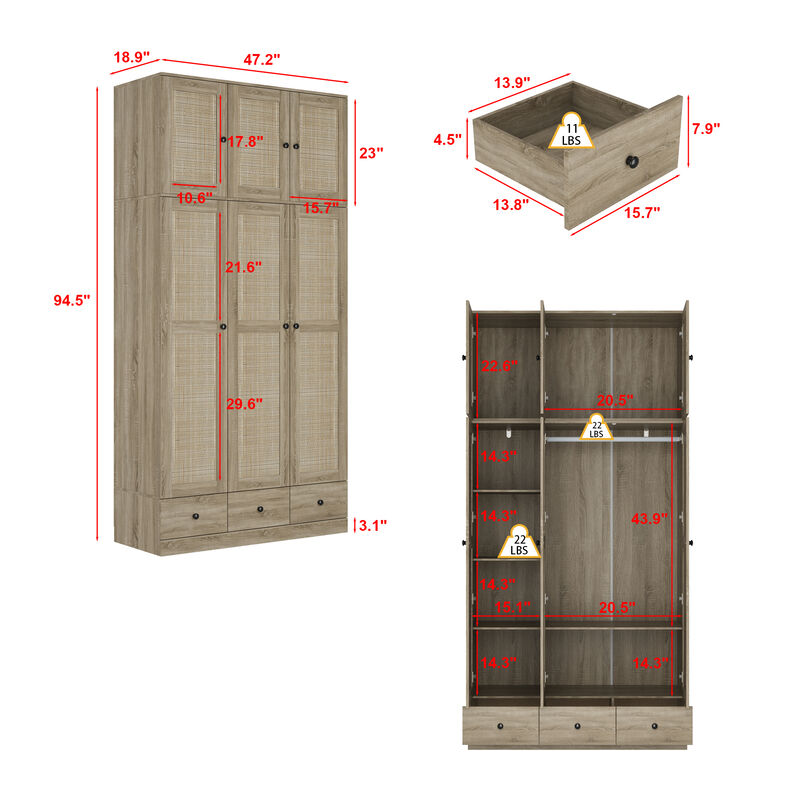 FUFU&GAGA Natural Wood Wardrobe with Shelves, Drawers, and Hanging Space, (47.2" W x 18.9" D x 94.5" H)，Brown