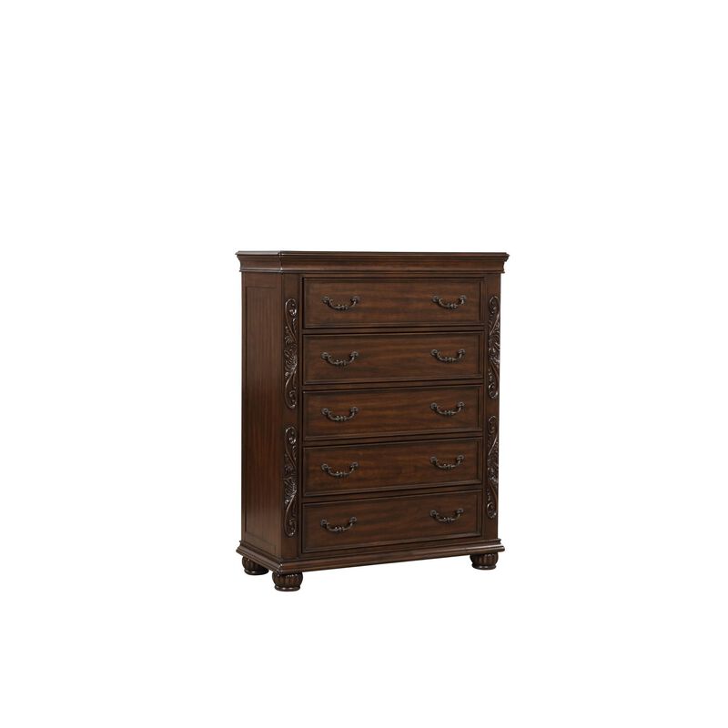 Benjara Brown Akil 54 Inch Tall Dresser with 5 Drawers, Floral Carved Cherry Wood