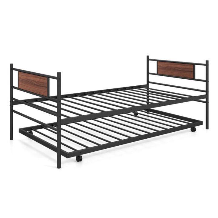 Hivvago Twin Size Metal Daybed with Trundle and Wood Grain Headboard