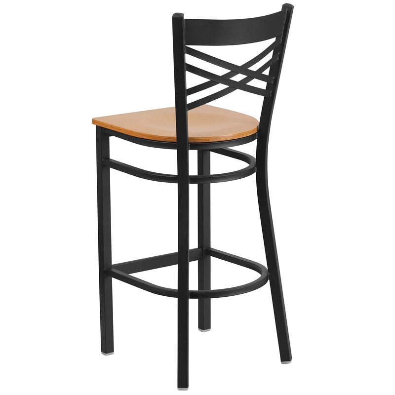Flash Furniture HERCULES Series Black ''X'' Back Metal Restaurant Barstool - Natural Wood Seat
