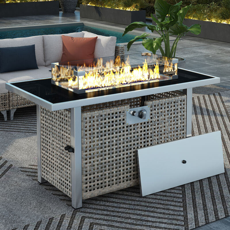 Whisen 43" Propane Gas Fire Pit Table, 60000 BTU Open Weave Wicker Fire Pit with Glass Wind Guard image number 1