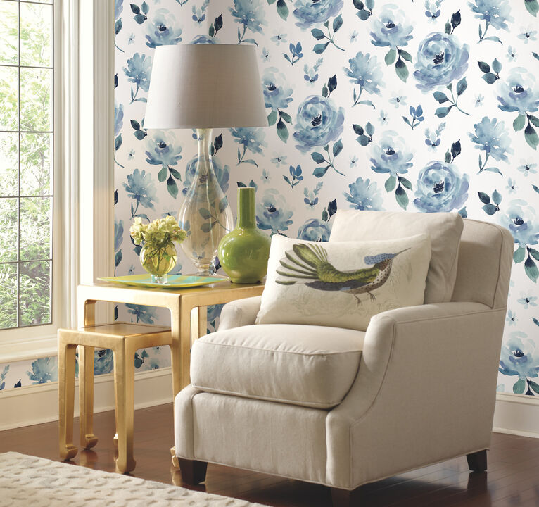 Watercolor Blooms Blue Peel & Stick Wallpaper