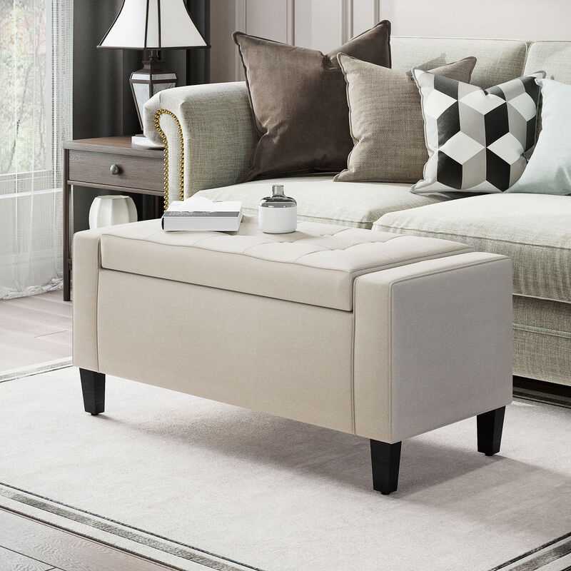 HOMCOM Storage Ottoman, Linen Upholstered Storage Bench with Lift Top and Button Tufted for Living Room, Beige