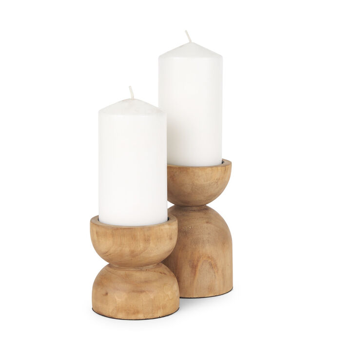 HomeRoots Set of Two Brown Distressed Geometric Solid Wood Tabletop Pillar Candle Holders