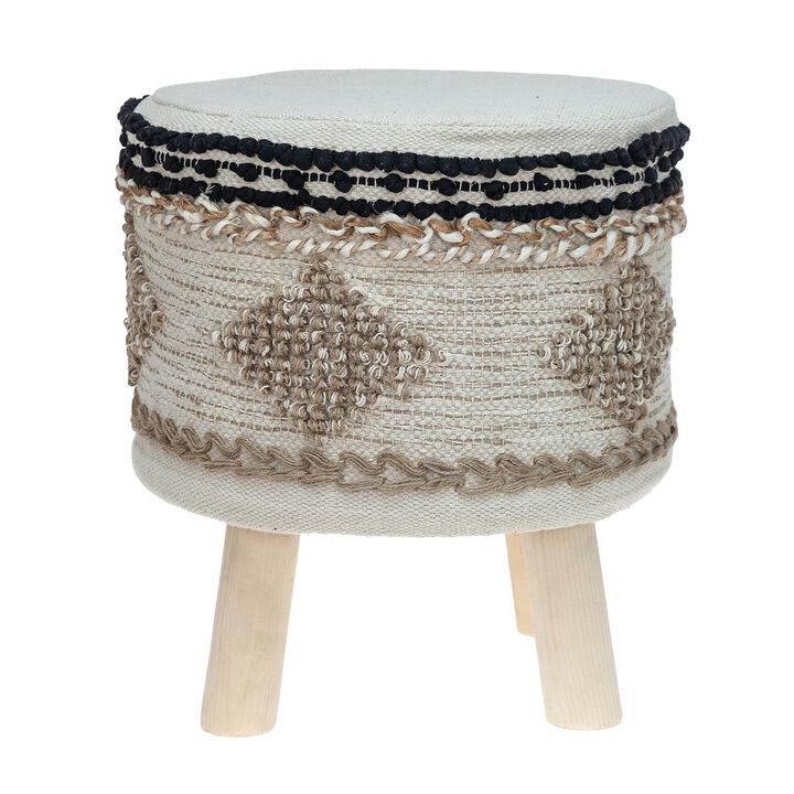 Homezia 16" Beige Jute And Wood Brown Round Abstract Ottoman
