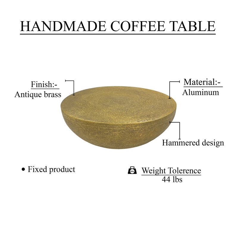 Terminus Coffee Table, 36 Inch Round Bowl Base with Hand Etched Texture, Antique Brass