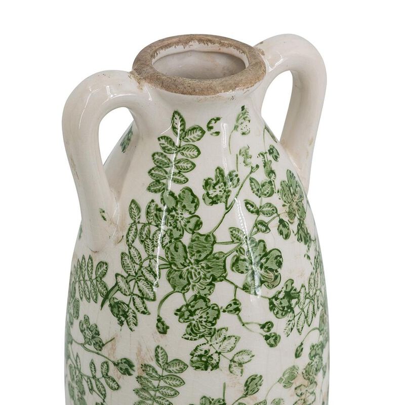 HomeRoots 14" Green And White Leaf Ceramic Amphora Table Vase image number 3