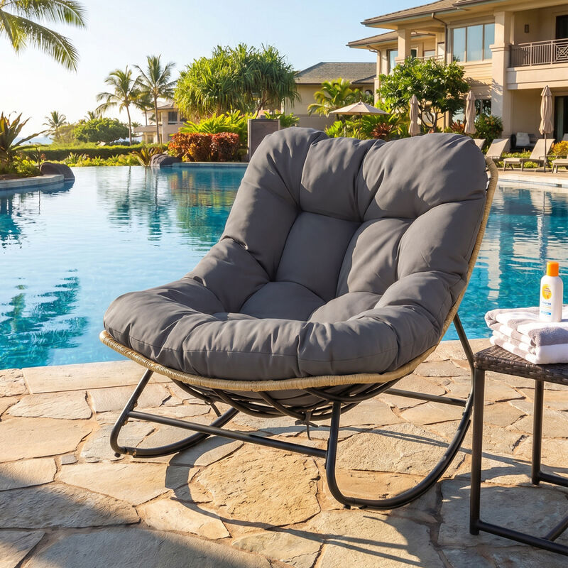 Patio Papasan Rocking Chair with Grey Thick Cushion for Outdoor Comfort image number 2