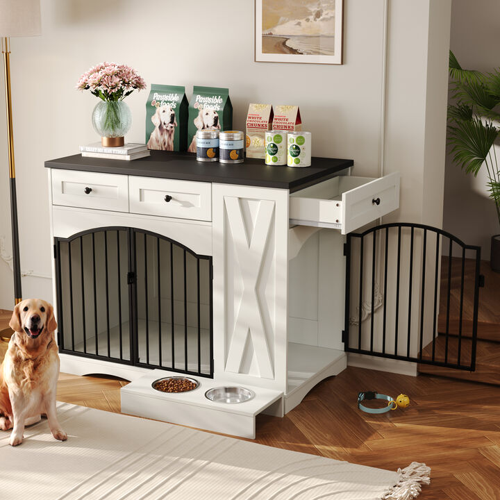 Whisen 43.3" Indoor Wooden Cabinets, Dog Kennel with 3 Drawers and Removable Feeder