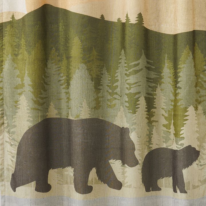 Kip 2 Panels Curtain Set, Microfiber, Green and Beige Mountain Scenery - Benzara