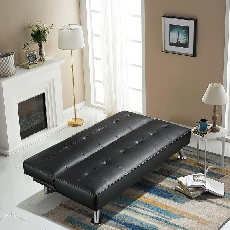 QuikFurn Black Faux Leather Click Clack Adjustable Futon Sleeper Sofa image number 3