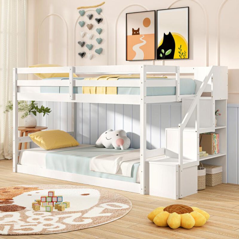 Hivvago Twin Over Twin Low Bunk Bed with Storage Stairs Solid Wood Floor Bunk Bed Frame