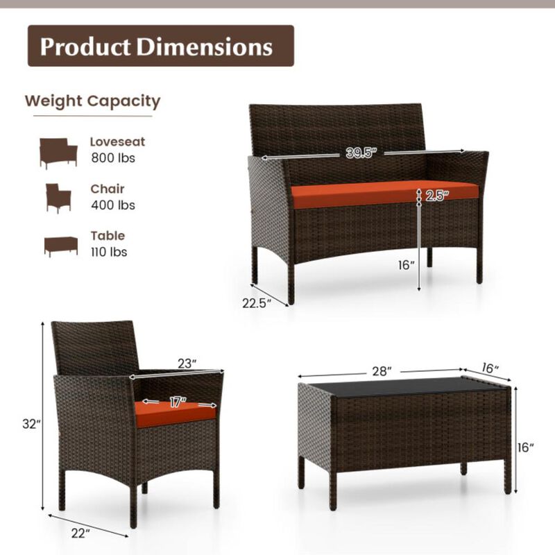 Hivvago 4 Piece Patio Rattan Conversation Set with Cozy Seat Cushions