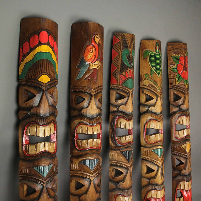 Set of 5 Double Tiki Mask Totem Wall Decor Hand Carved Tribal Sculpture 40 Inch image number 4