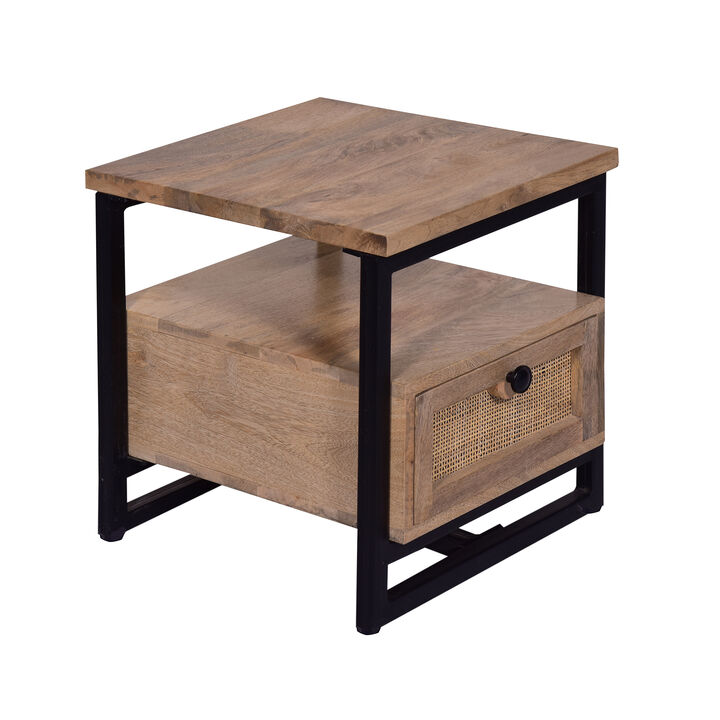 18 Inch Nightstand End Table, 1 Drawer, Open Storage, Natural Brown Mango Wood with a Rectangular Black Iron Frame-Benzara