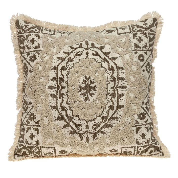 18" Beige and Brown Embroidered Ethnic Design Throw Pillow
