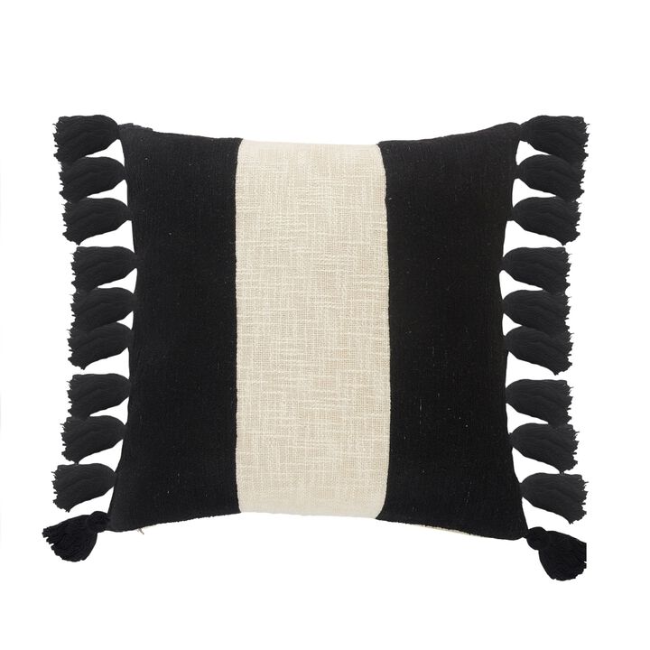 20" Off-White and Black Striped Pattern Square Throw Pillow with Fringe