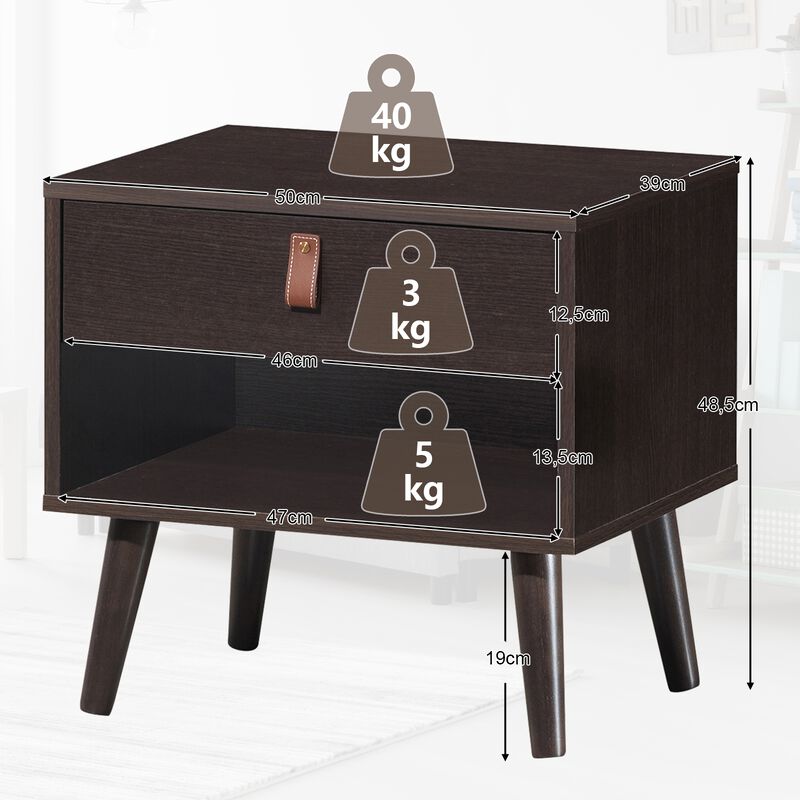 Nightstand Bedroom Table with Drawer Storage Shelf - Brown