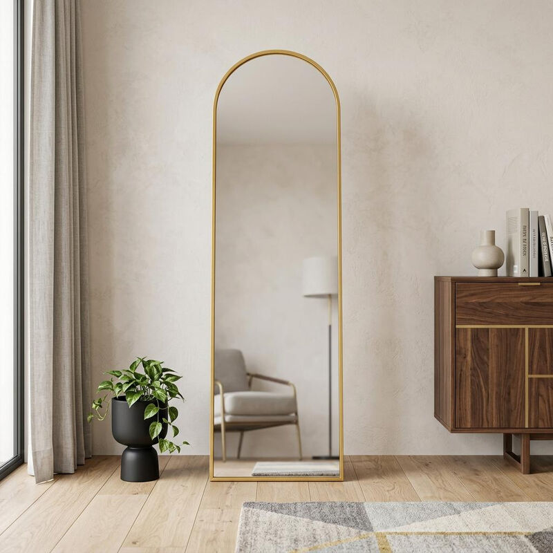 HomeRoots 55" Gold Aluminum Arch Freestanding And Wall Mounted Framed Full Length Mirror image number 1