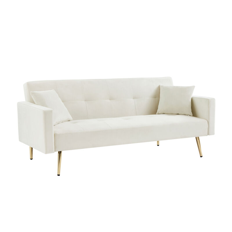 Cream White Velvet Convertible Folding Futon Sofa Bed, Sleeper Sofa Couch for Compact Living Space.