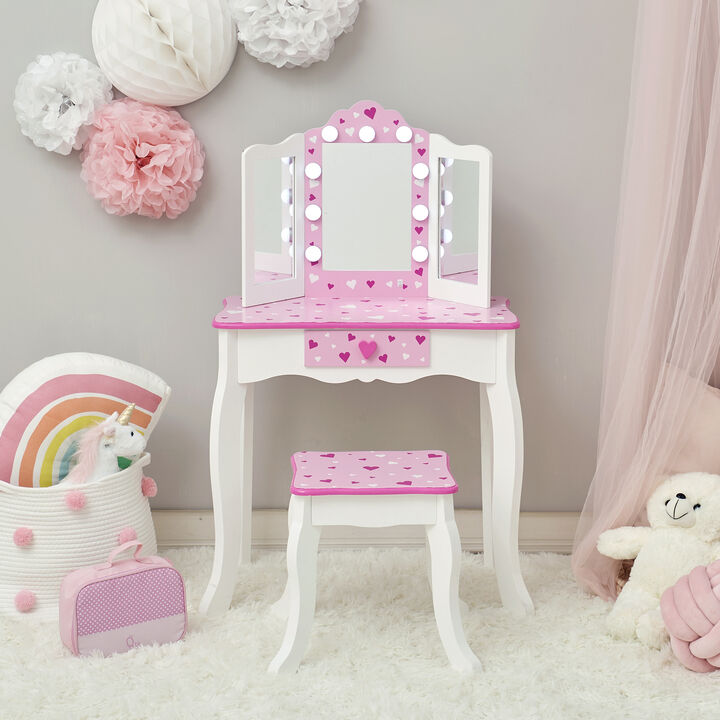 Gisele Sweethearts Kids Vanity Table & Stool w/ LED, White & Pink