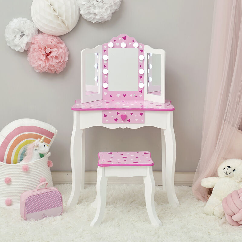 Gisele Sweethearts Kids Vanity Table & Stool w/ LED, White & Pink image number 1