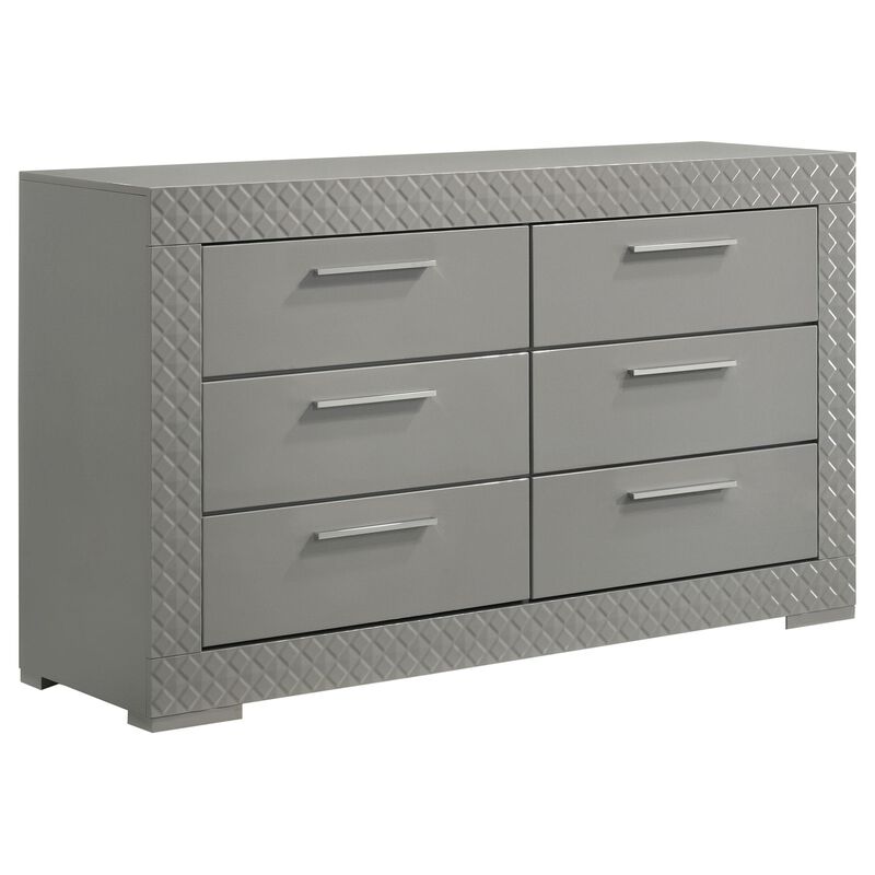 Ivon Wide Dresser, 6 Drawers, Bar Handles, Glossy Gray Solid Hardwood - Benzara
