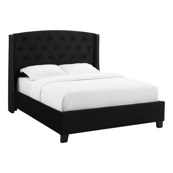 Elle King Size Bed, Low Profile, Button Tufted Upholstered Headboard, Black - Benzara