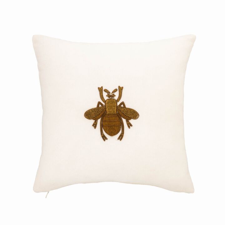 White Bee Cotton Throw Pillow, 12" X 12"