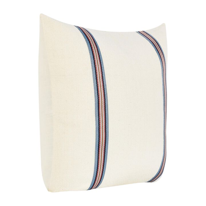 Throw Pillow, 22 Inch Polyester Tape Design, White Cotton Linen Blend - Benzara