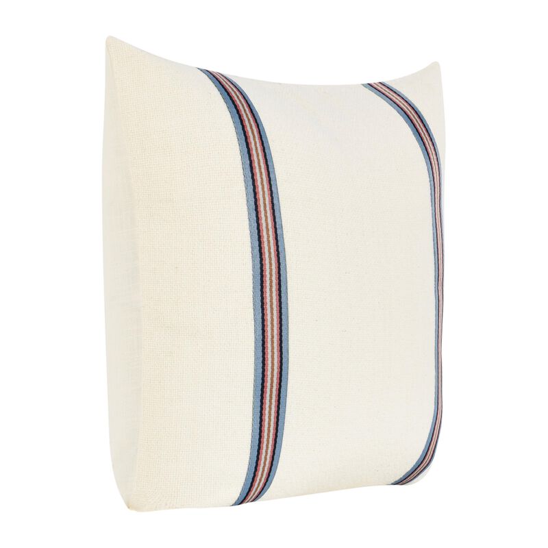 Throw Pillow, 22 Inch Polyester Tape Design, White Cotton Linen Blend - Benzara