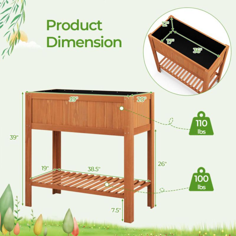 Hivvago Outdoor Raised Garden Bed Fir Wood Planter Box with Bottom Storage Shelf and Protective Liner