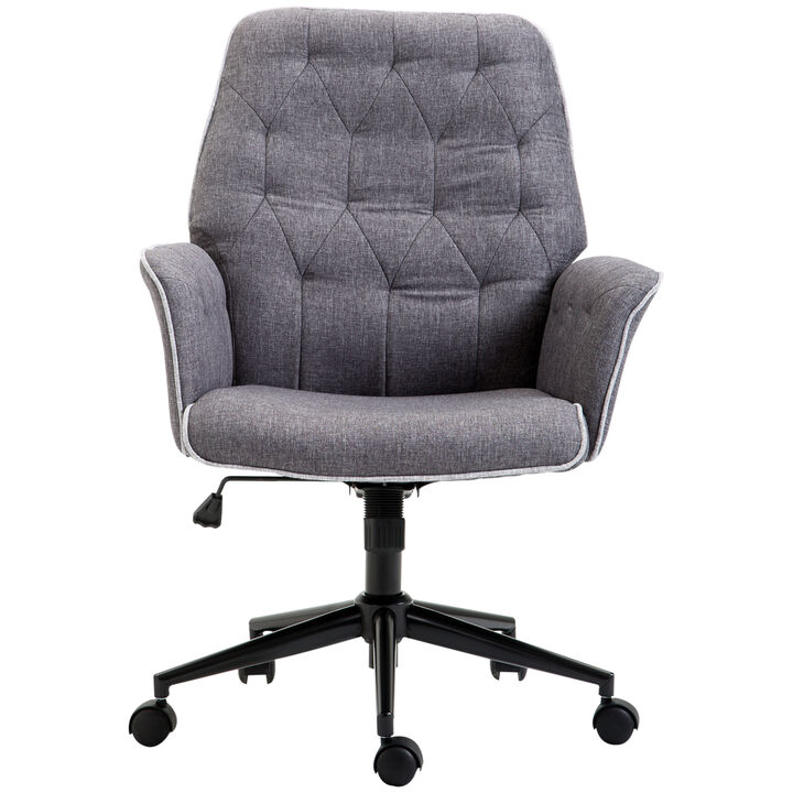 Vinsetto Linen Home Office Chair, Tufted Height Adjustable Computer Desk Chair with Swivel Wheels and Padded Armrests, Dark Gray