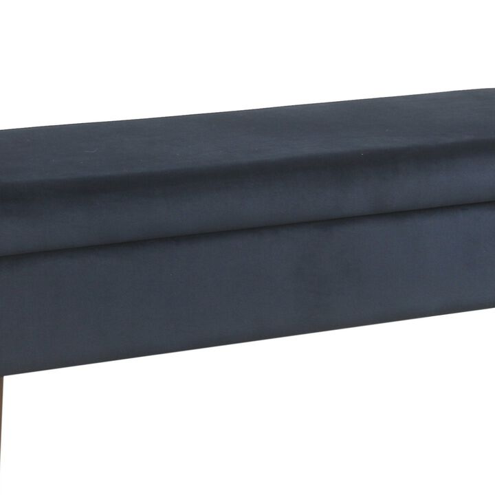 Velvet Upholstered Wooden Bench with Lift Top Storage and Tapered Feet, Navy Blue - Benzara