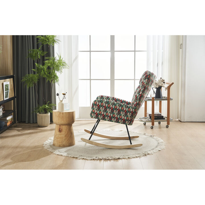 Rocking Chair Nursery, Solid Wood Legs Reading Chair with Teddy Fabric Upholstered, Nap Armchair for Living Rooms, Bedrooms, Offices, Best Gift, Colorful fabric
