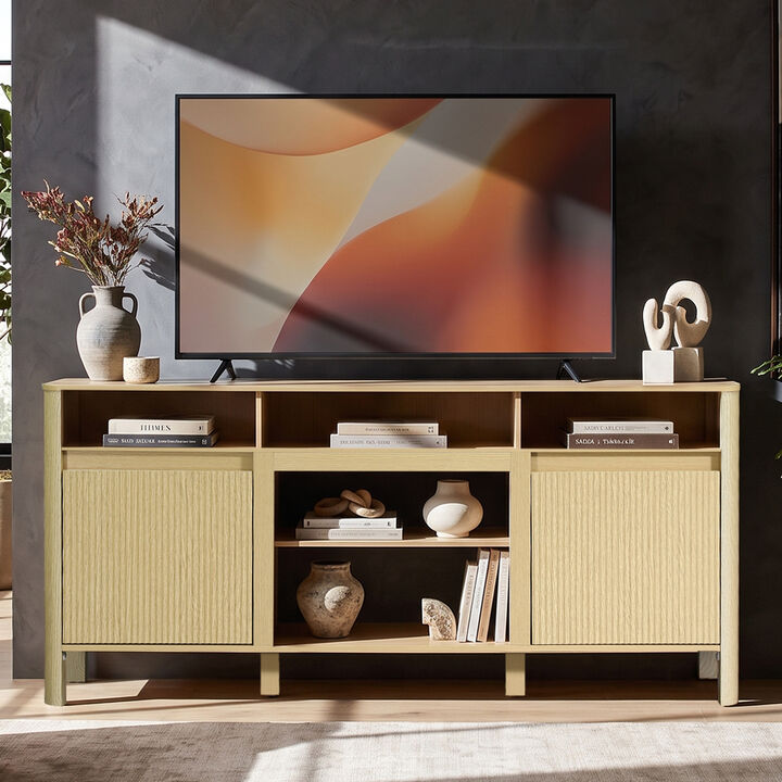 68" Farmhouse Natural Wood Fluted Door TV Stand Media Console Storage Cabinet for TVs up to 75"