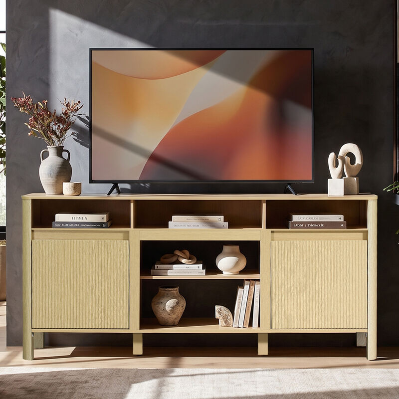 68" Farmhouse Natural Wood Fluted Door TV Stand Media Console Storage Cabinet for TVs up to 75" image number 1