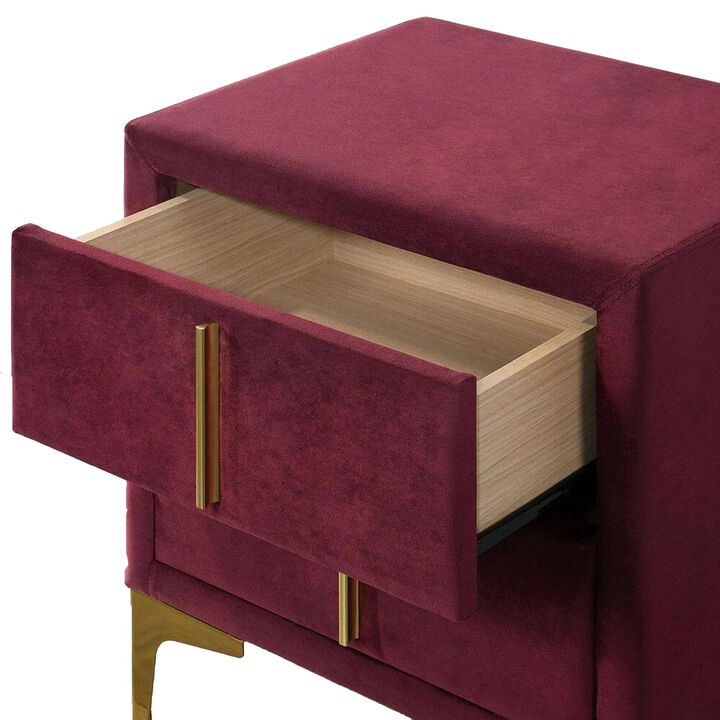 Bios 24 Inch Nightstand, 2 Drawers, Red Vegan Faux Leather, Gold Accents-Benzara