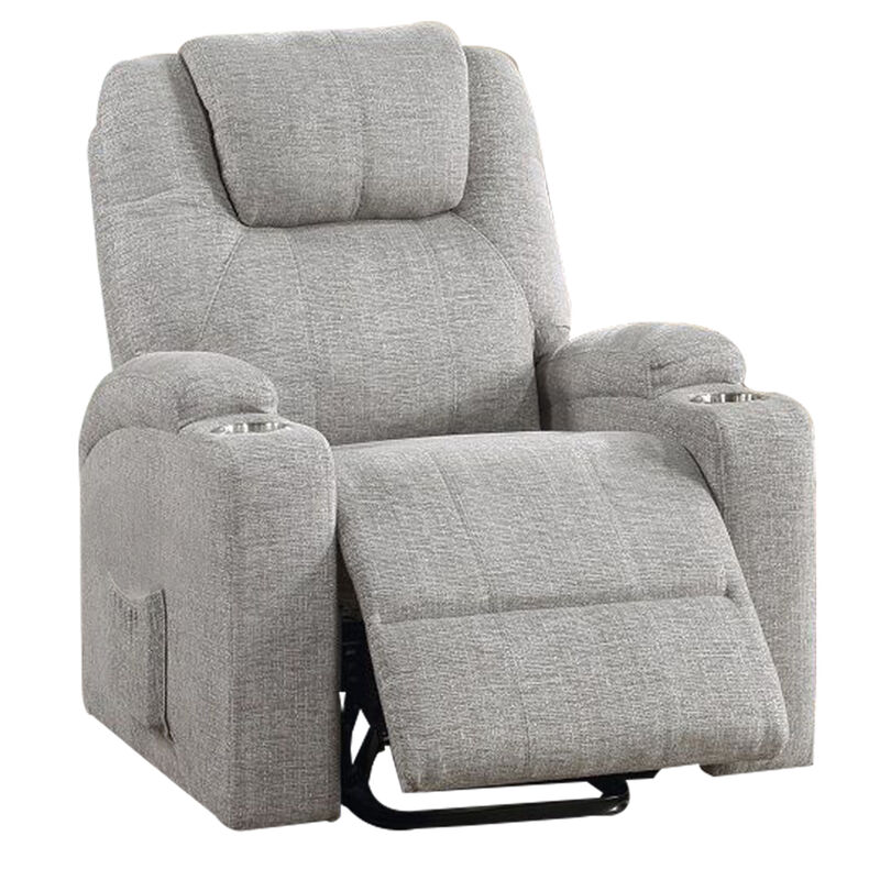 Evans 37 Inch Recliner Chair, Power Lift, Cupholders, Chenille, Light Gray - Benzara