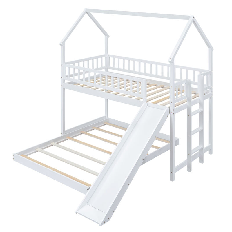 Twin Over Full House Bunk Bed With Slide And Built-In Ladder, Full-Length Guardrail, White