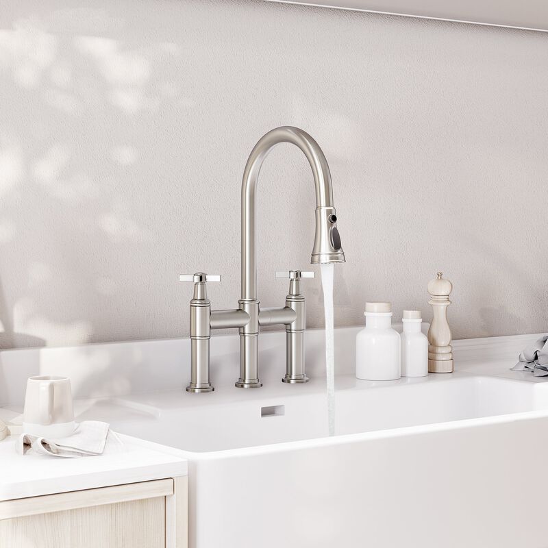 Mondawe Bridge Kitchen Faucet 3 Way Spray Function, High Arc Kitchen Faucet with Pull Down Sprayer 2 Handles 8 inch Widespread 360 Swivel Spout