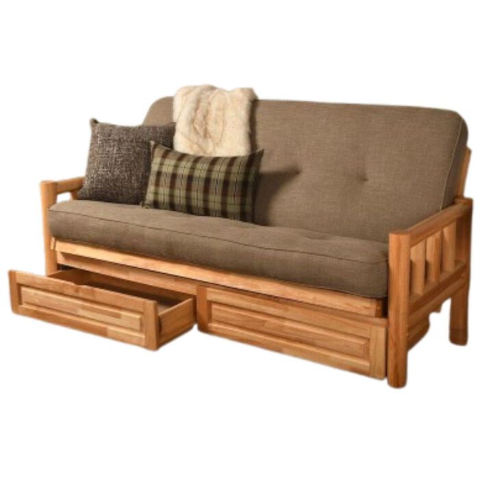 Lodge Frame-Natural Finish-Linen Stone Mattress-Storage Drawers