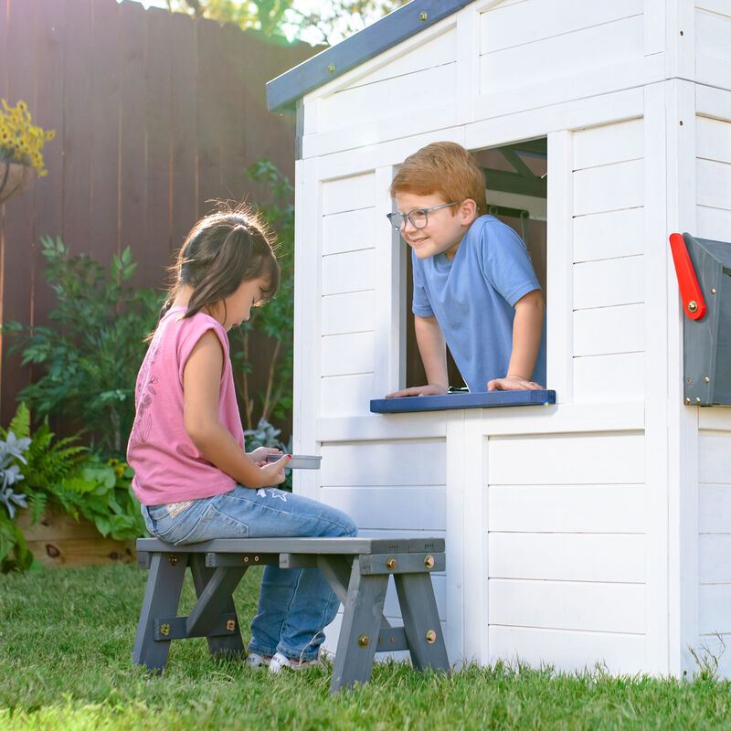 Teamson Kids Rainbow Shade Wooden Playhouse with Colorful Overhang, Flower Box and Bench, White image number 9