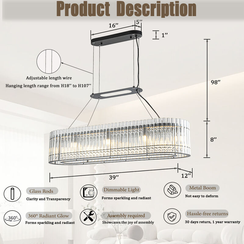 8-Light 39'' Modern Elegant Rectangle 2-Tier Glass And Matte Black Chandelier For Dining Room image number 4