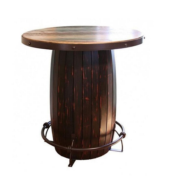 40 Inch Bistro Table, Drum Base and Round Top, Barrel Design, Brown Tones - Benzara