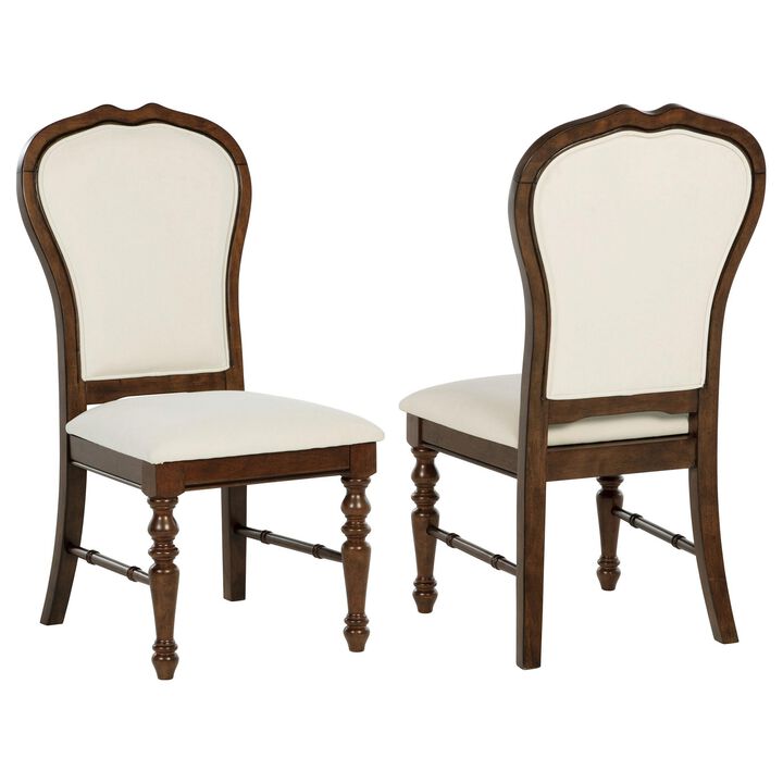 Monta Dining Side Chair Set of 2, Classic Brown Wood, Ivory Fabric - Benzara