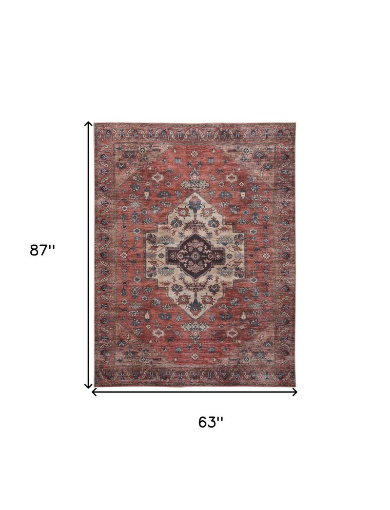 HomeRoots 5' X 7' Blue and Red Oriental Power Loom Distressed Washable Non Skid Area Rug image number 3