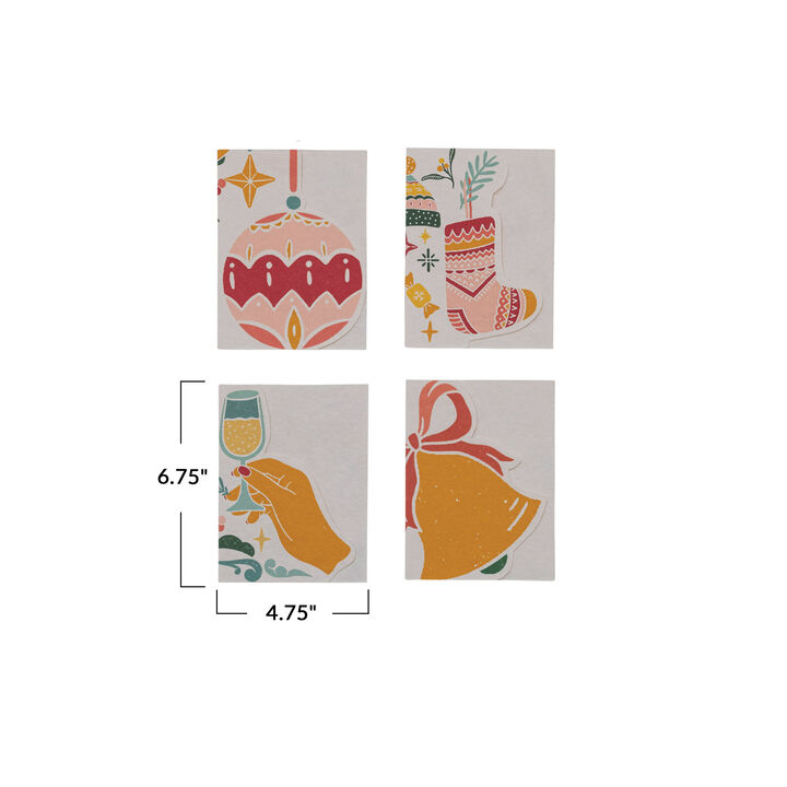 Handmade Printed Recycled Paper Christmas Cards with Holiday Icons, 6 Red and 6 Pink Envelopes, 4 Styles, Boxed Set of 24