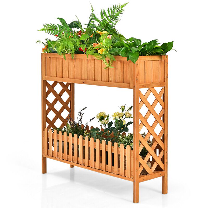 2-Tier Raised Garden Bed Elevated Wood Planter Box for Vegetable Flower Herb